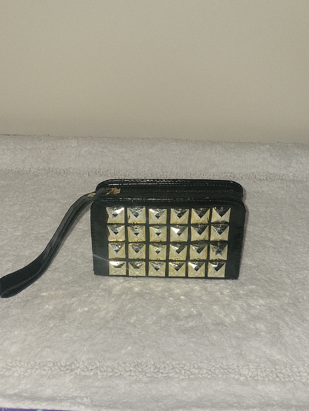 Black Wristlet Clutch with Gold Pyramid Studs